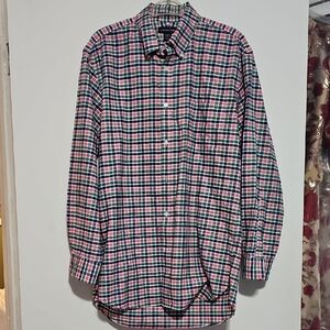 Lands' End  Navy Green Plaid Button Down Shirt Size 16 33 Tailored Fit No Iron